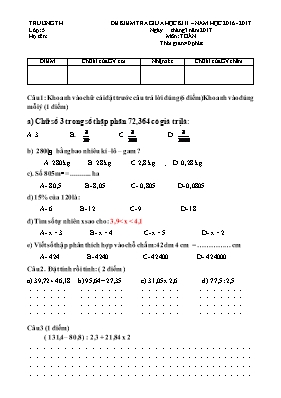 Đề thi giữa học kỳ II môn Toán lớp 5 - Năm học 2016-2017